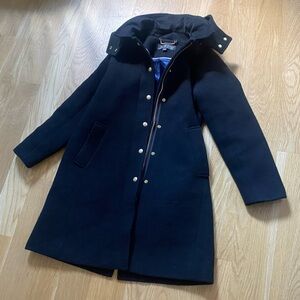 J. Crew Black Wool Coat with Suede Collar and Removable Hood in Size 0